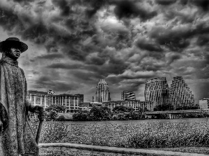 clouds, Statue monument, buildings, lake