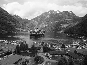 Mountains, passengers, object, River, vessels, buildings, touristic