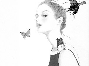 butterflies, Drawing, young, Women, redhead