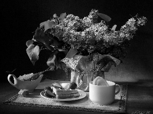 cake, Amaranth, lilac, dishes, bouquet