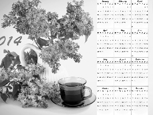 Lilacs, coffee, Calendar 2014, cup