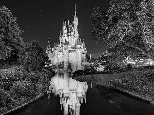 Night, Castle, California, USA, Disneyland, River