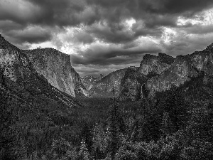 The United States, Yosemite Valley, clouds, State of California, Yosemite National Park, Mountains, Spruces