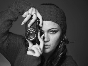 girl, make-up, Camera, Hat