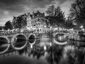 canal, Bridges, night, apartment house, Amsterdam