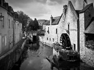 canal, Houses, water, by, Windmill