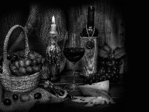 Wine, Grapes, glass, candle, basket, Bottle, cheese