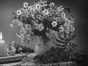 Vase, chamomile, Plant, bouquet, composition, candle, Tunes
