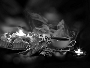 Muffins, hot, Candles, blur, Rafaello, tea