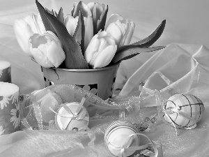 Candles, composition, tulips, eggs, bouquet