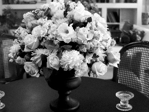 Table, flowers, candlesticks, bouquet