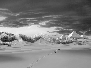 caravan, clouds, Pyramids, Desert, Statue monument