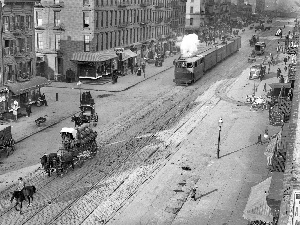 Street, Town, carriages, bloodstock, trams, Houses