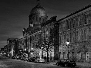 Street, Town, cars, Houses, lanterns, Night