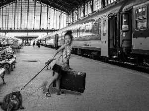 cat, platform, bench, girl, Trains, case, Leash