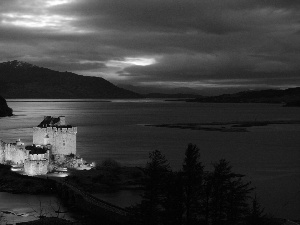 lake, Floodlit, Castle, Mountains