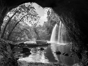 cave, cave, rocks, River, viewes, forest, waterfall, trees, Stones