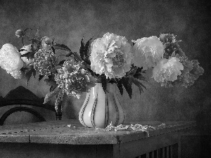 bouquet, Flowers, Table, Chair, Vase, Peonies