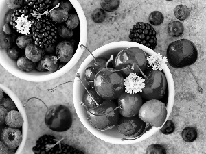cherries, Bowls, blueberries, blackberries, raspberries