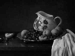 apricots, jug, tablecloth, cherries, composition, Fruits, plate