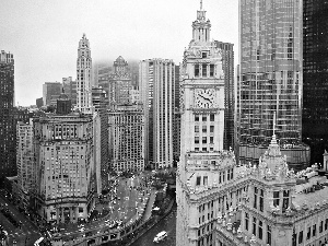 Streets, skyscrapers, Chicago, USA, River, clouds