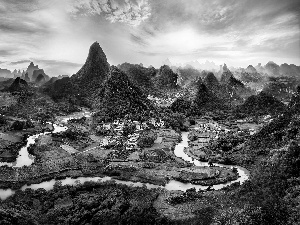 Mountains, River, China, farms and fields