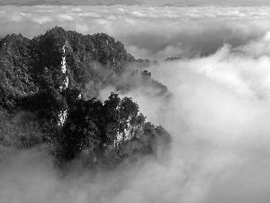 mountains, forest, China, clouds