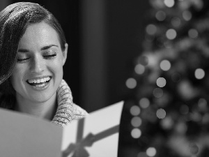 christmas tree, card, girl, illuminated, smiling