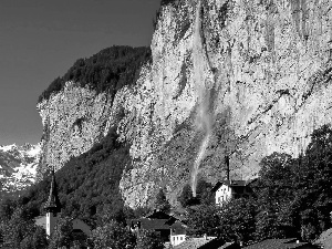 forest, Lauterbrunnen, Church, Houses, waterfall, Mountains