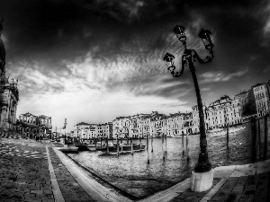 Houses, Boats, Venice, Lighthouse, canal, Church, twilight