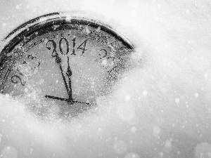 snow, New Year, Clock