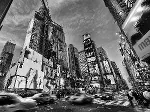 clouds, advertising, 7 Avenue, skyscrapers, Manhattan