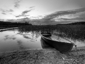 Boat, grass, clouds, lake