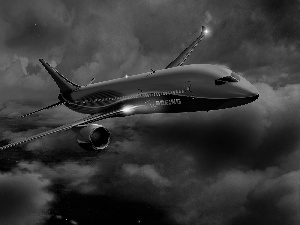 clouds, plane, Boeing