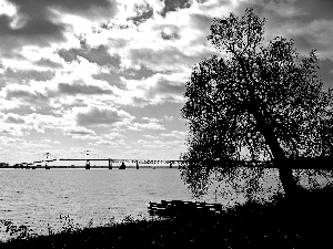 clouds, River, bridge