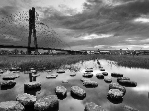 bridge, Stones, clouds, water