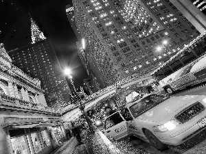 skyscrapers, York, Street, night, New, clouds, Cab