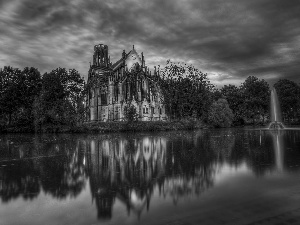 Castle, lake, clouds, fountain