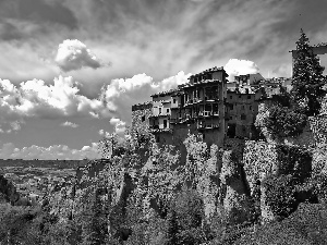 clouds, Cuenca, rocks, VEGETATION, Houses