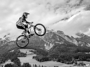 cyclist, woods, clouds, Mountains