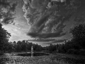 fountain, viewes, clouds, trees