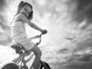 girl, Sky, clouds, Bike