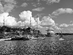 Oslo, Norway, clouds, Harbour, Sailboats, Ship, Coast, Houses, sea