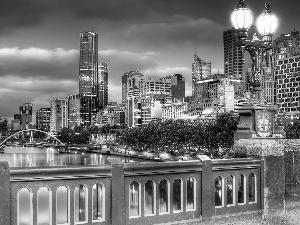 clouds, light, bridge, skyscrapers, River