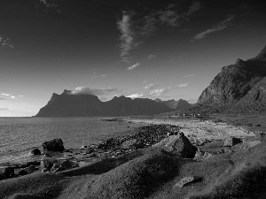 clouds, Coast, Mountains