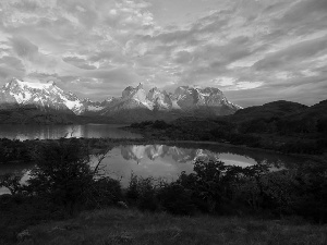 clouds, lake, Mountains