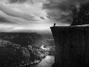 Mountains, River, clouds, cliff