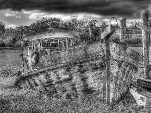 Old, River, clouds, Boat