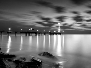 pier, rocks, clouds, sea