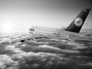 plane, A380, clouds, Airbus